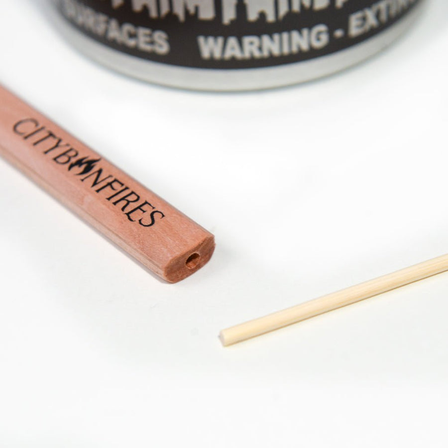 Close view of engraved Lid Buddy handle and removable skewer