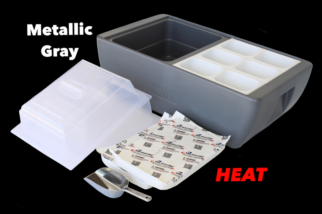 REVO insulated flameless chafer and beverage tub for food tray warming and chilled beverage displays.
