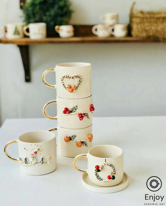 Handcrafted Christmas Wreath Espresso Cup & Saucer Set, 5.4 oz - Ceramic Santa Espresso Mugs, Holiday-Themed Espresso Coffee Cups