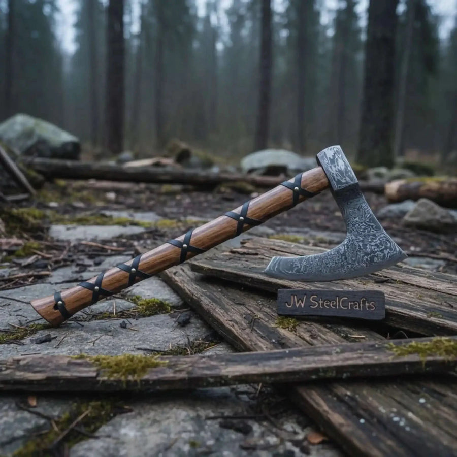 Handmade Damascus Skeggøx Bearded Axe with Leather Wrap and Sheath