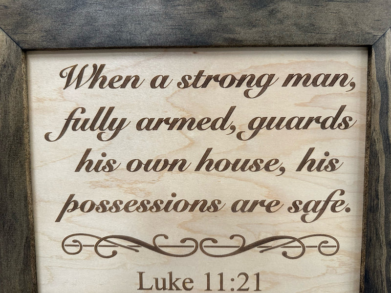 Hidden Gun Safe Recessed In Wall With Luke 11:21 Bible Verse Decoration - Recess In The Wall or Mount On The Wall by Bellewood Designs