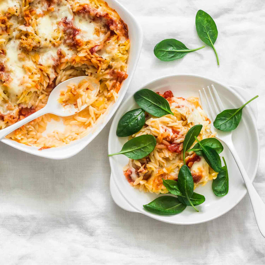 Lupin & Sunflower Protein Orzo Pasta: baked pasta and plated pasta serving ideas.
