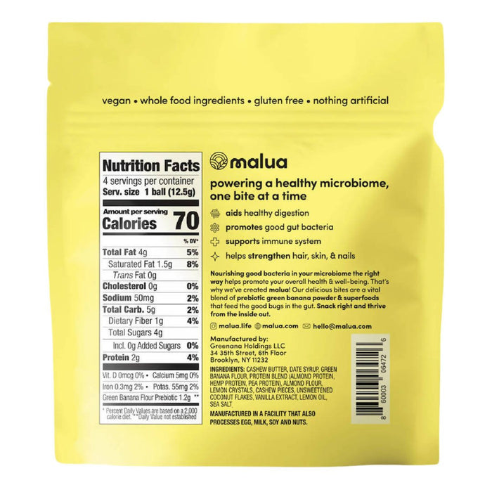 Malua Prebiotic Organic Gut Healthy Vegan Keto Friendly, Low Carb Cashew Lemon Bites - 8  Bags x 1.8 oz  - 8-Bags Bundle - Malua Prebiotic Bites | Farm2Me Wholesale