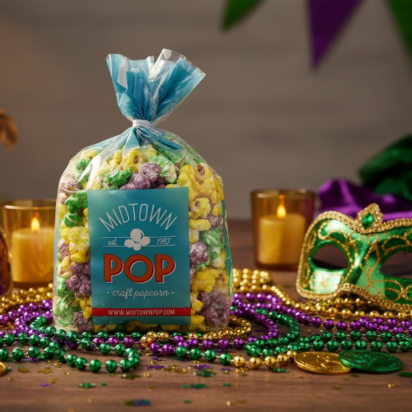 Mardi Gras confetti popcorn displayed with decorations