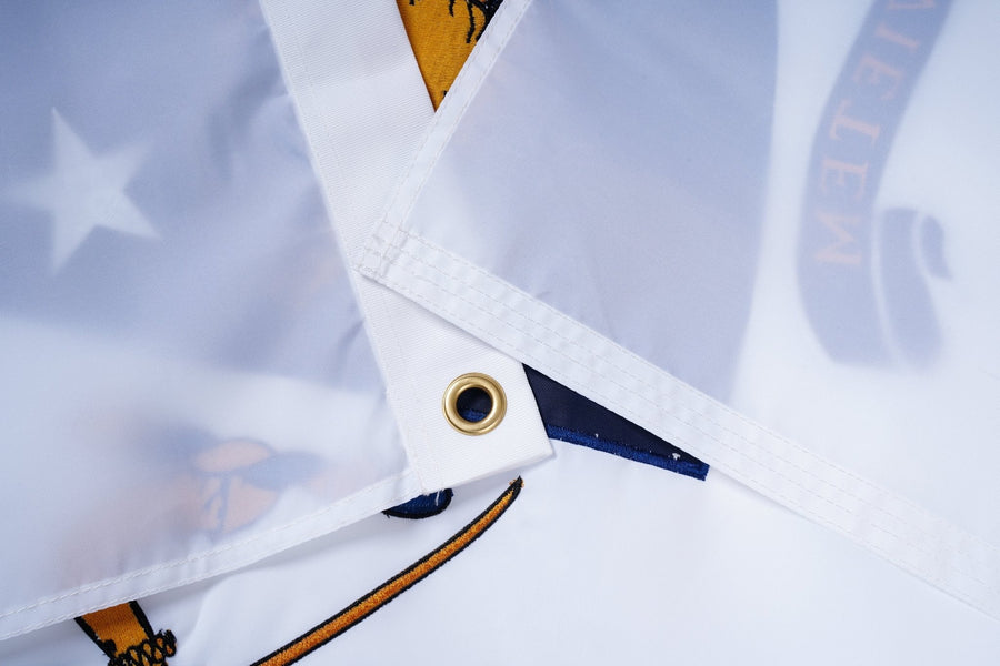 Massachusetts State Flag fabric, white heading, and brass-tone grommet