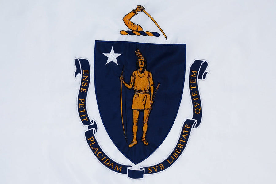 Massachusetts State Flag design and stitching in close-up