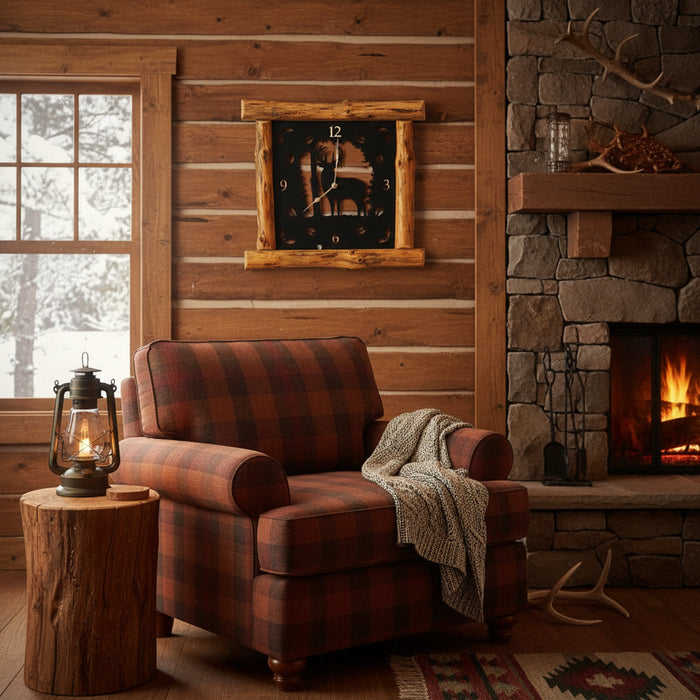 Large Rustic Wall Clock with 16" Analog Display, Pine Log Frame, Metal Wildlife Art Clock Face