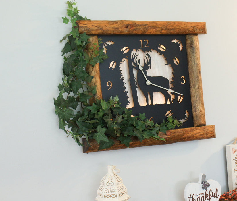 Large Rustic Wall Clock with 16" Analog Display, Pine Log Frame, Metal Wildlife Art Clock Face