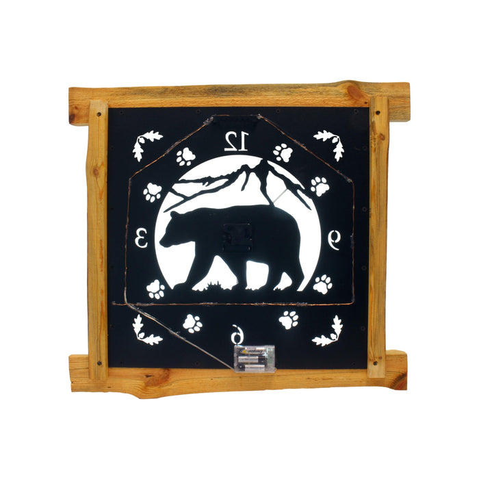 Large Rustic Wall Clock with 16" Analog Display, Pine Log Frame, Metal Wildlife Art Clock Face