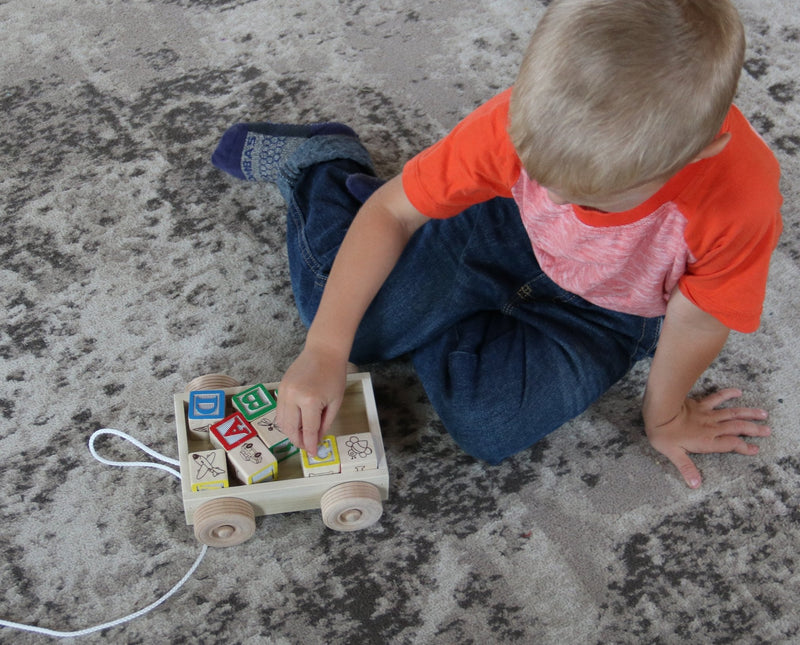 Amish-Made Wooden ABC Block Toddler Pull-String Wagon Toy