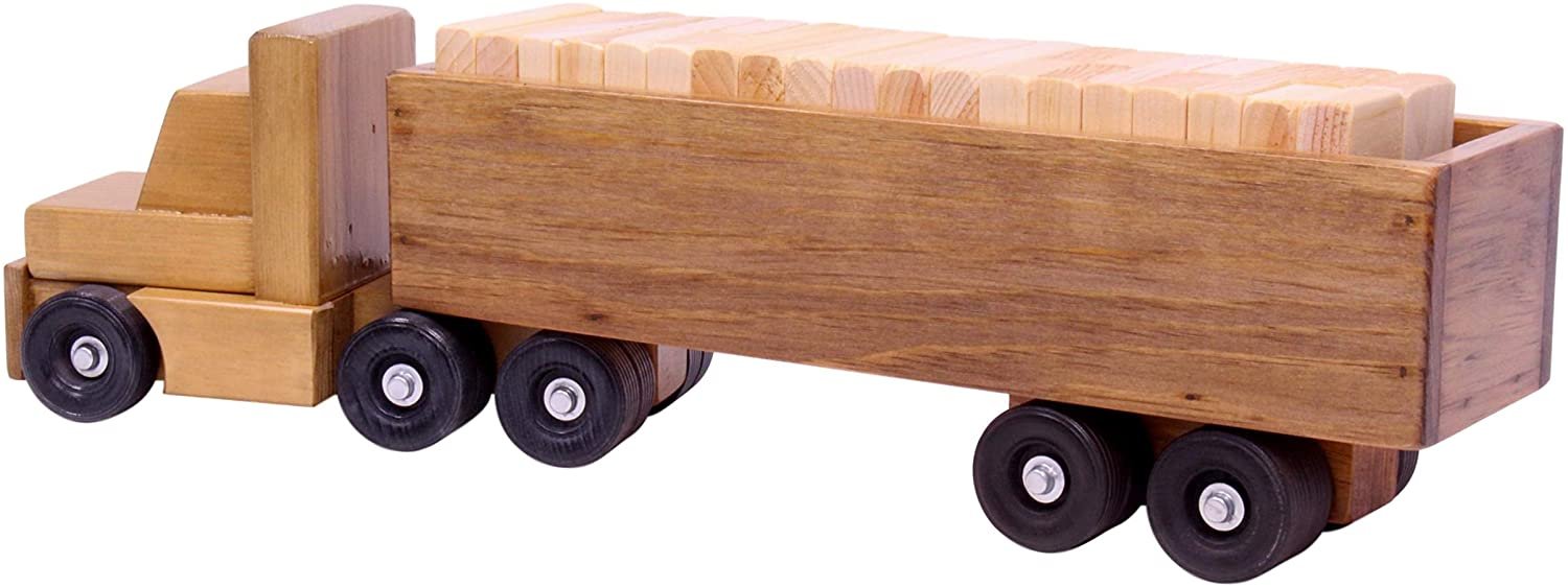 Large Semi Truck and Trailer Wooden Toy Set - with 30 Building Blocks