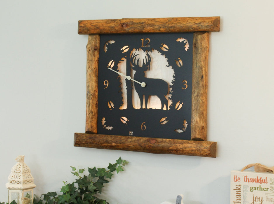 Large Rustic Wall Clock with 16" Analog Display, Pine Log Frame, Metal Wildlife Art Clock Face