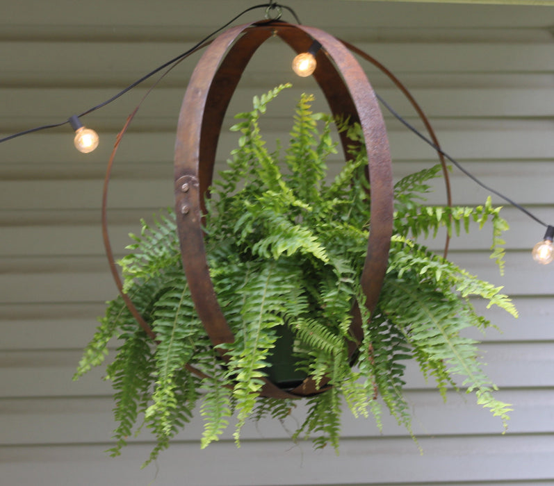 Rustic Hanging Plant Holder, Made with Reclaimed Whiskey Barrel Rings
