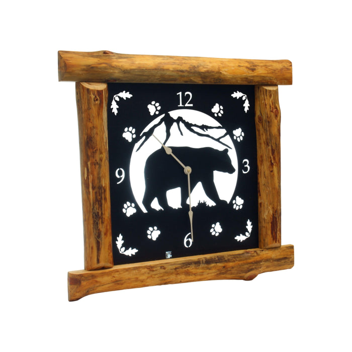 Large Rustic Wall Clock with 16" Analog Display, Pine Log Frame, Metal Wildlife Art Clock Face