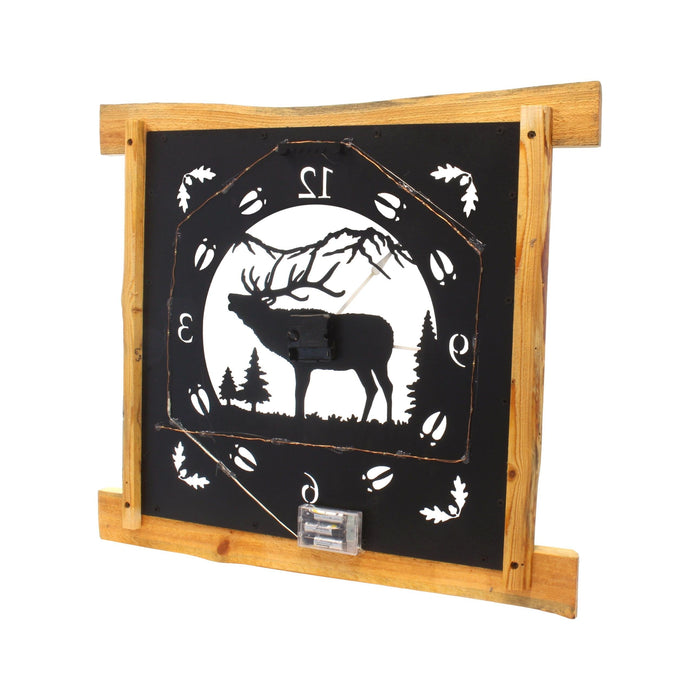 Large Rustic Wall Clock with 16" Analog Display, Pine Log Frame, Metal Wildlife Art Clock Face