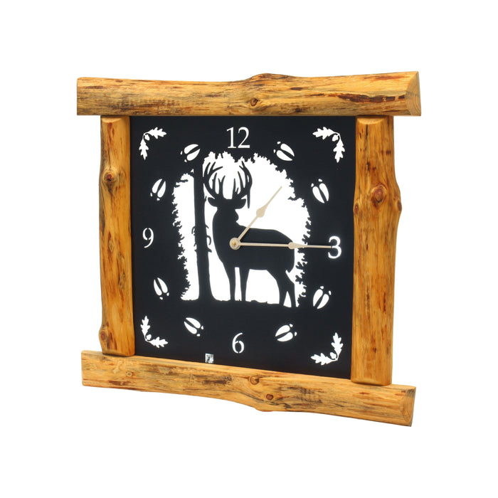 Large Rustic Wall Clock with 16" Analog Display, Pine Log Frame, Metal Wildlife Art Clock Face