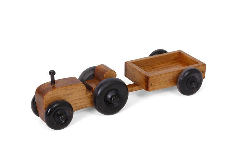 Amish-Made Wooden Small Toy Tractor and Wagon Set