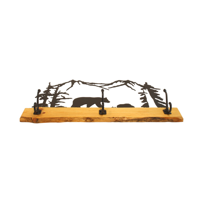 Rustic Coat Rack With 3 Hooks - Pine Wood Coat Hanger with Wilderness Metal Art Silhouette