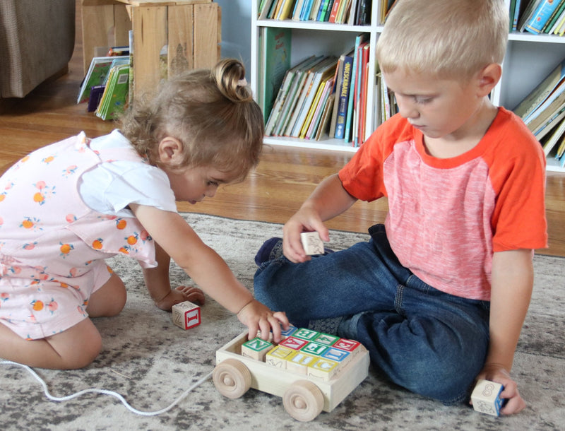 Amish-Made Wooden ABC Block Toddler Pull-String Wagon Toy