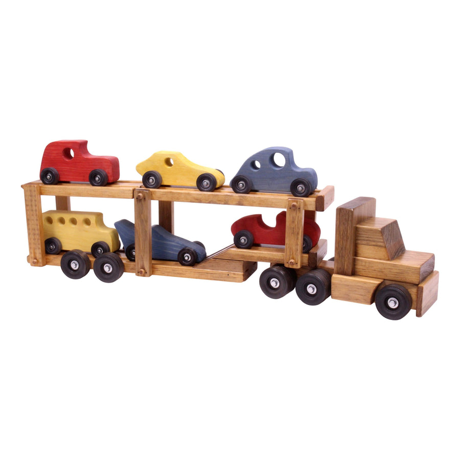 Wooden Car-Carrier Semi Truck and Trailer Toy Set with 6 Cars