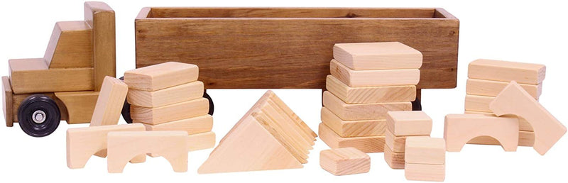 Large Semi Truck and Trailer Wooden Toy Set - with 30 Building Blocks