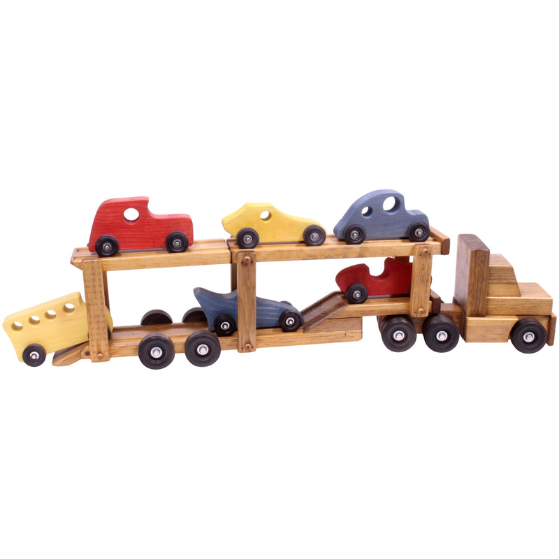 Wooden Car-Carrier Semi Truck and Trailer Toy Set with 6 Cars