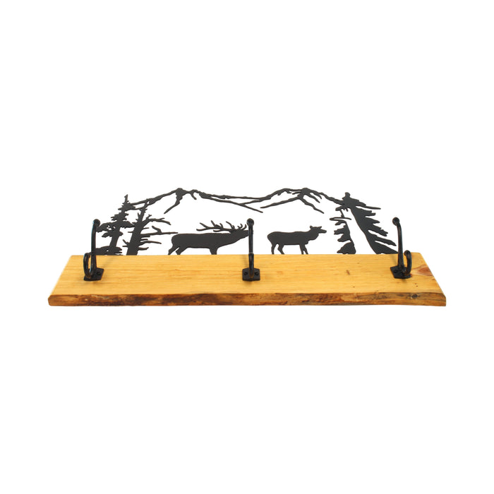 Rustic Coat Rack With 3 Hooks - Pine Wood Coat Hanger with Wilderness Metal Art Silhouette