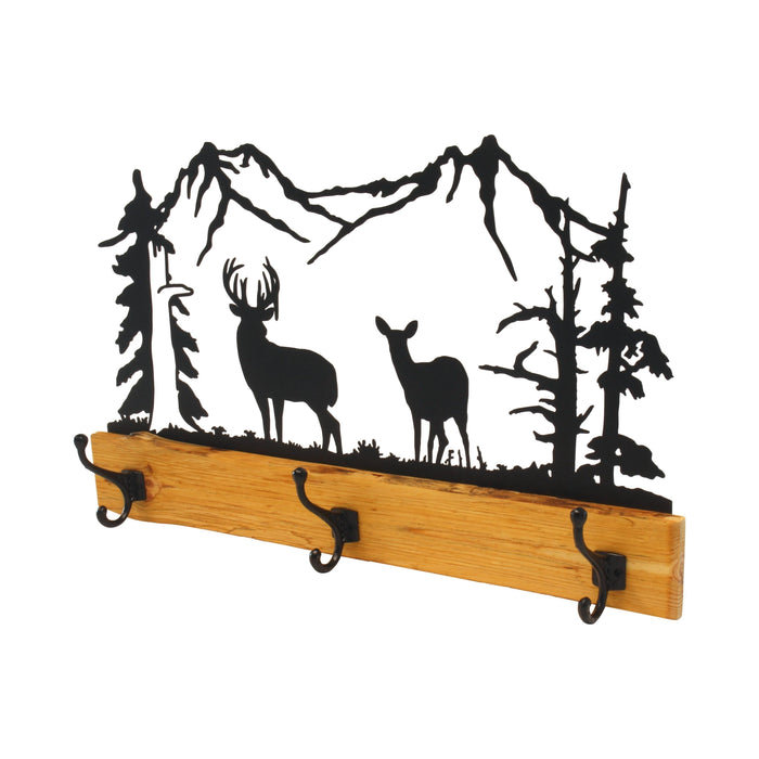 Rustic Coat Rack With 3 Hooks - Pine Wood Coat Hanger with Wilderness Metal Art Silhouette