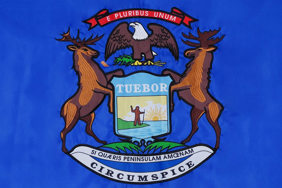 Michigan State Flag design and stitching in close-up