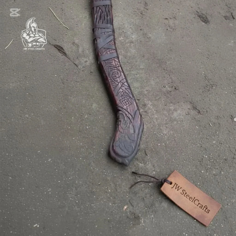 Handmade Viking Double-Bit Carbon Steel Axe with Norse Rune Etching and Engraved Hardwood Handle