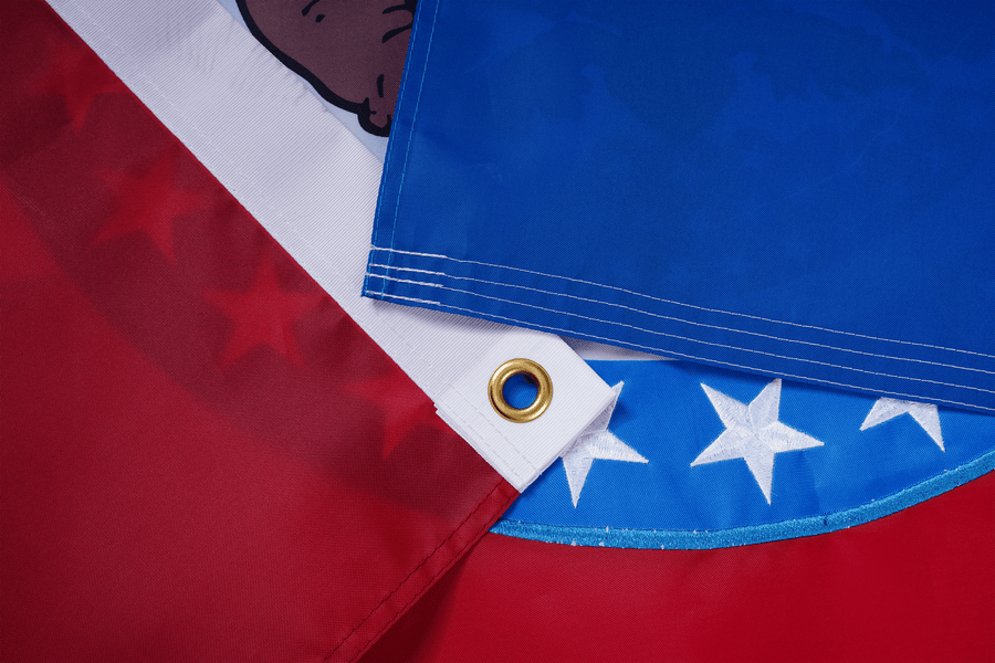 Missouri State Flag fabric, white heading, and brass-tone grommet
