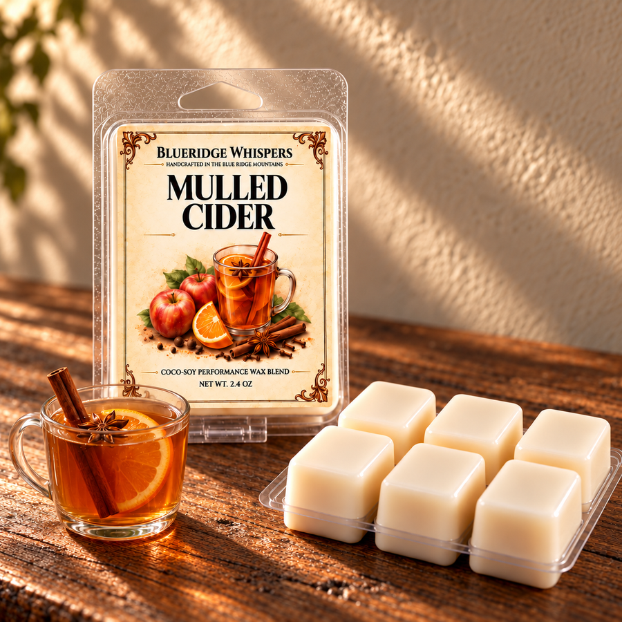 Mulled Cider wax melt clamshell and six cubes beside a glass mug and citrus on a wooden table