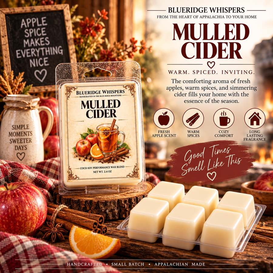 Mulled Cider wax melt pack and cubes with fruit, cinnamon, and a seasonal fragrance display