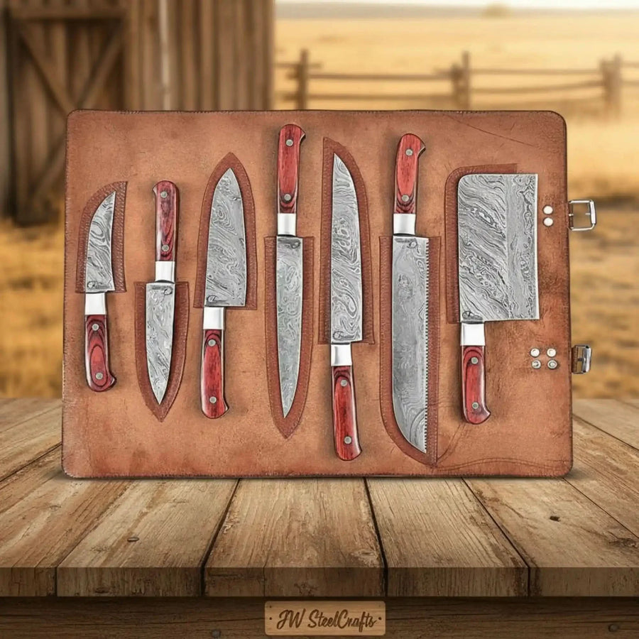 7-Piece Damascus Multi-Knife Set with Bread Knife, Cleaver & Skinner — Red Hardwood Handles, Steel Bolsters & Leather Travel Roll | JW Steel Crafts