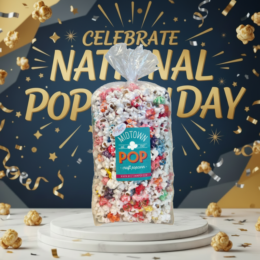 Sweet and salty popcorn mix on a National Popcorn Day display