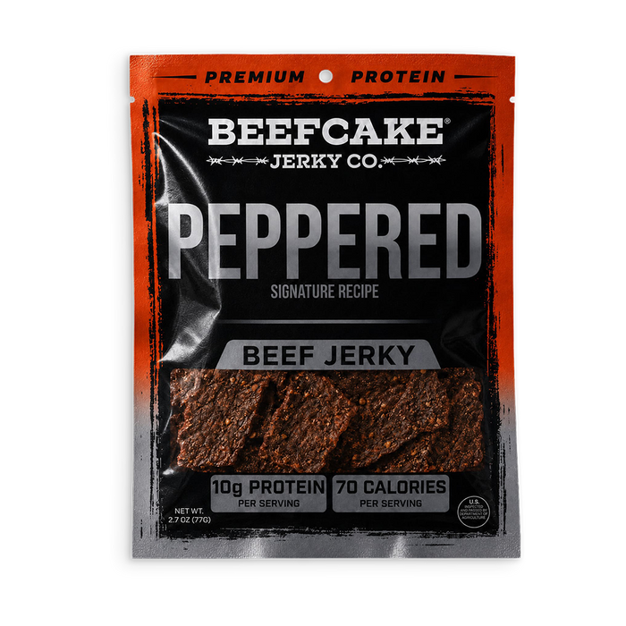 Peppered Beef Jerky in the current black and orange 2.7 oz package with a clear jerky window