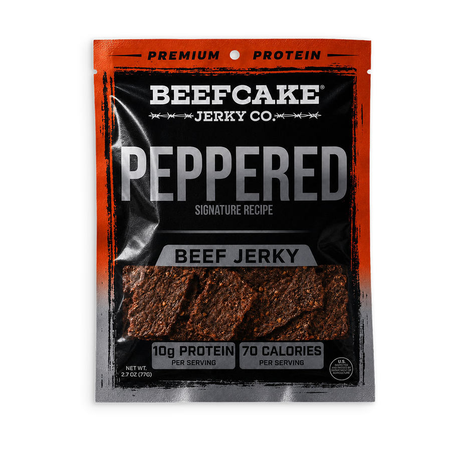 Peppered Beef Jerky in the current black and orange 2.7 oz package with a clear jerky window