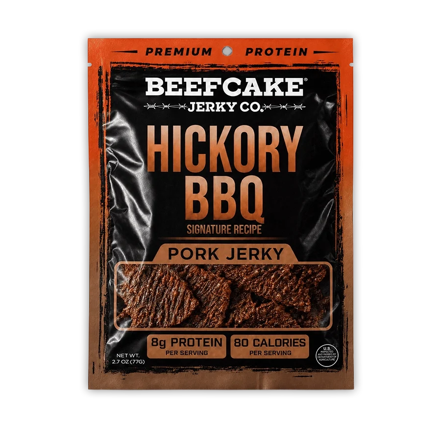 Hickory BBQ Pork Jerky in the current black and orange 2.7 oz package with a clear jerky window