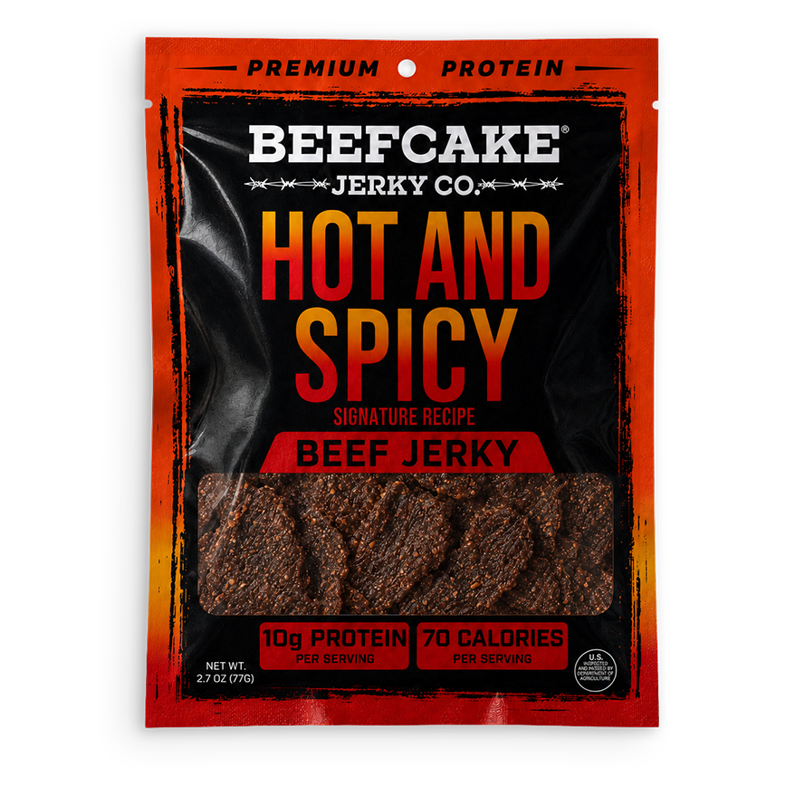 Hot & Spicy Beef Jerky in the current black and orange 2.7 oz package with a clear jerky window