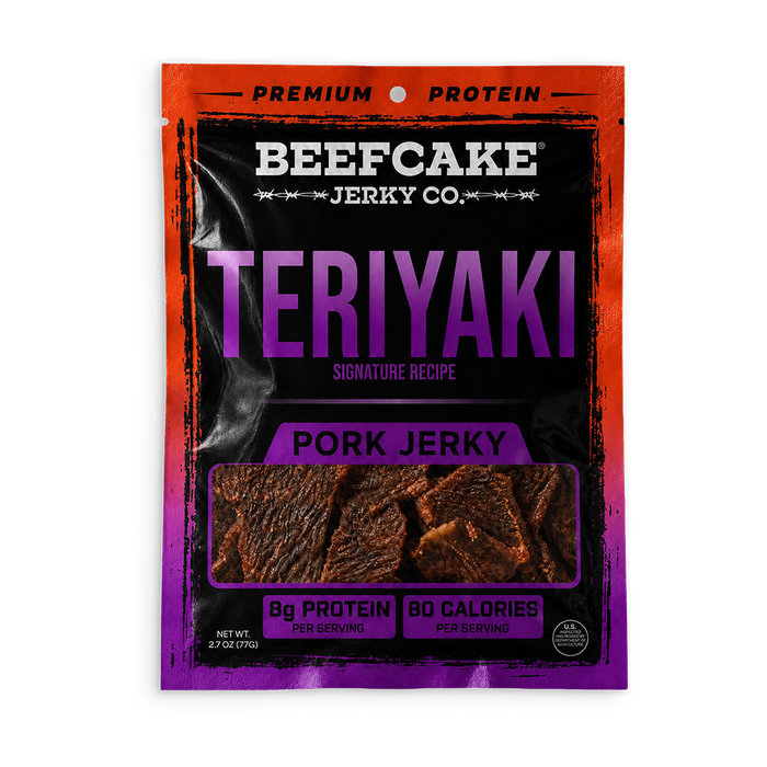 Teriyaki Pork Jerky in the current black and orange 2.7 oz package with a clear jerky window