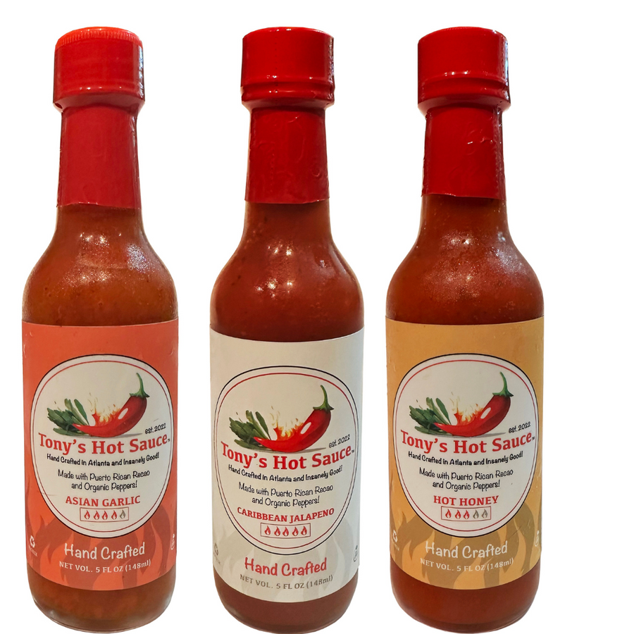 Tony's  Handcrafted Hot Sauce 5oz 3 Bottle Combo Set  "Asian Garlic, Caribbean Jalapeno & Hot Honey"