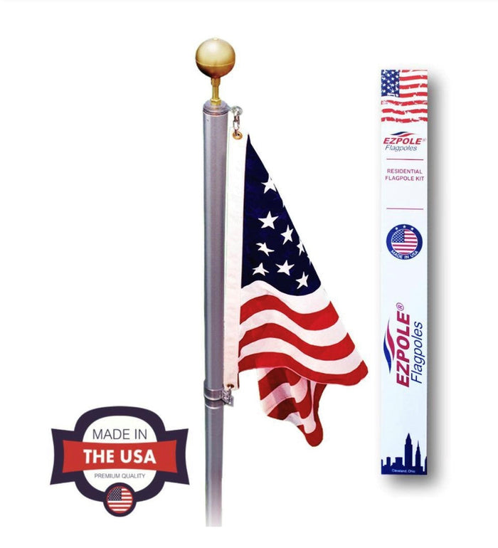 Defender no-rope aluminum flagpole with American flag and EZPOLE kit packaging