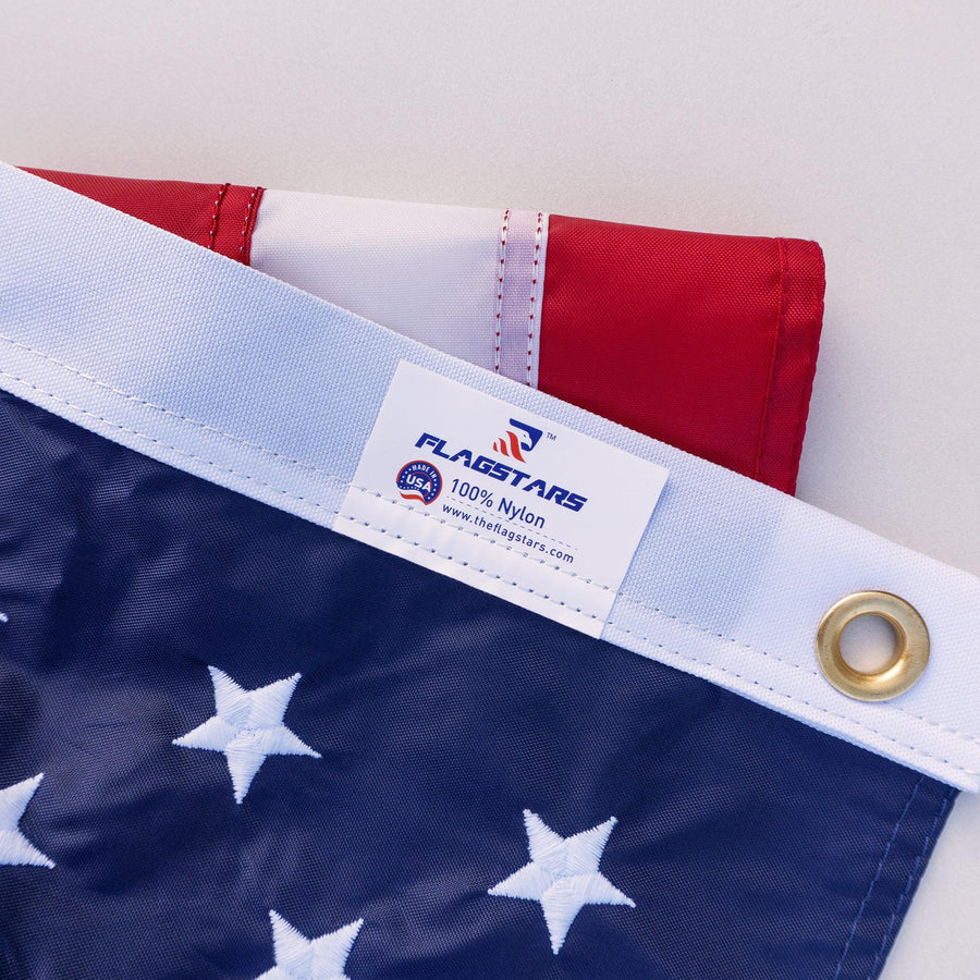 American flag heading with sewn label and grommet