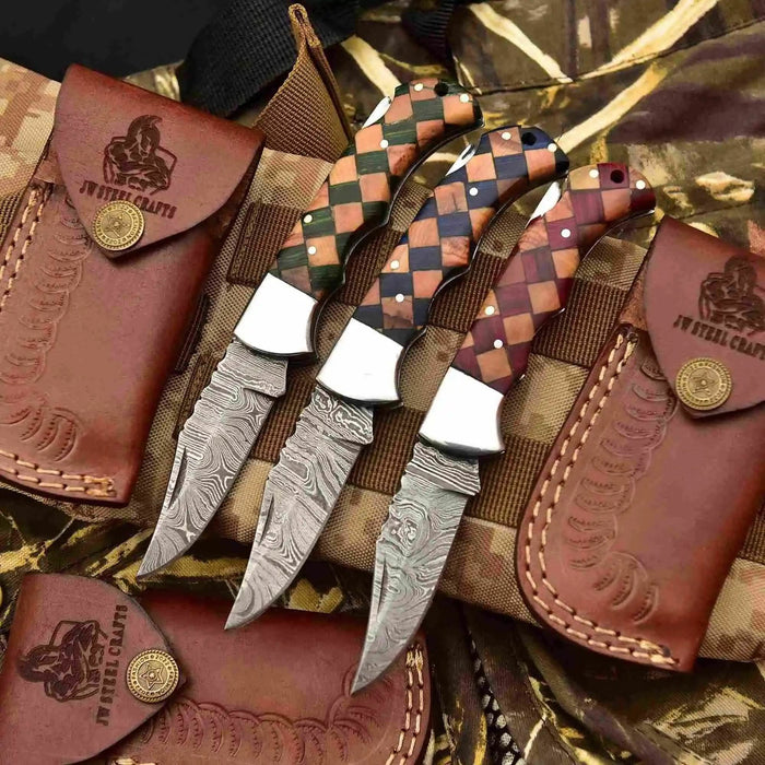 Handmade Damascus Folding Knife with Checker Pattern Wood Handle (Red, Green, Blue) with Leather Sheath