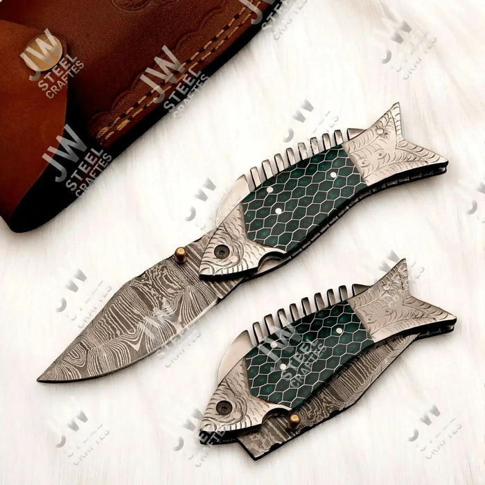 Handmade Damascus Folding Knife with Green Honeycomb Handle and Liner Lock