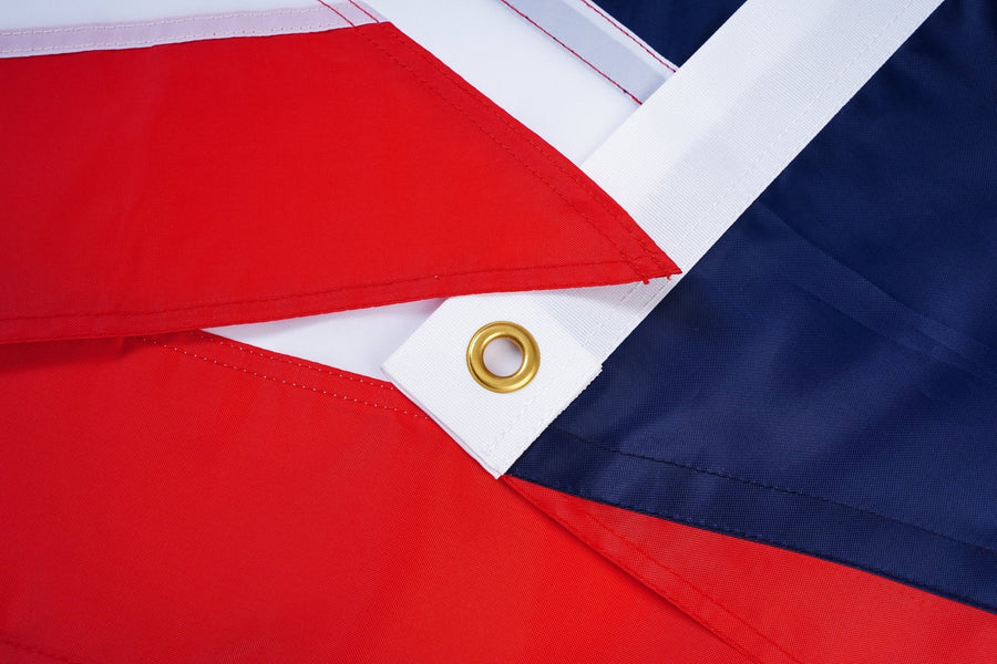 Ohio State Flag fabric, white heading, and brass-tone grommet