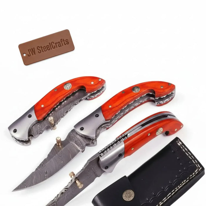 Handmade Damascus Folding Knife with Orange Pakka Wood Handle & Leather Sheath