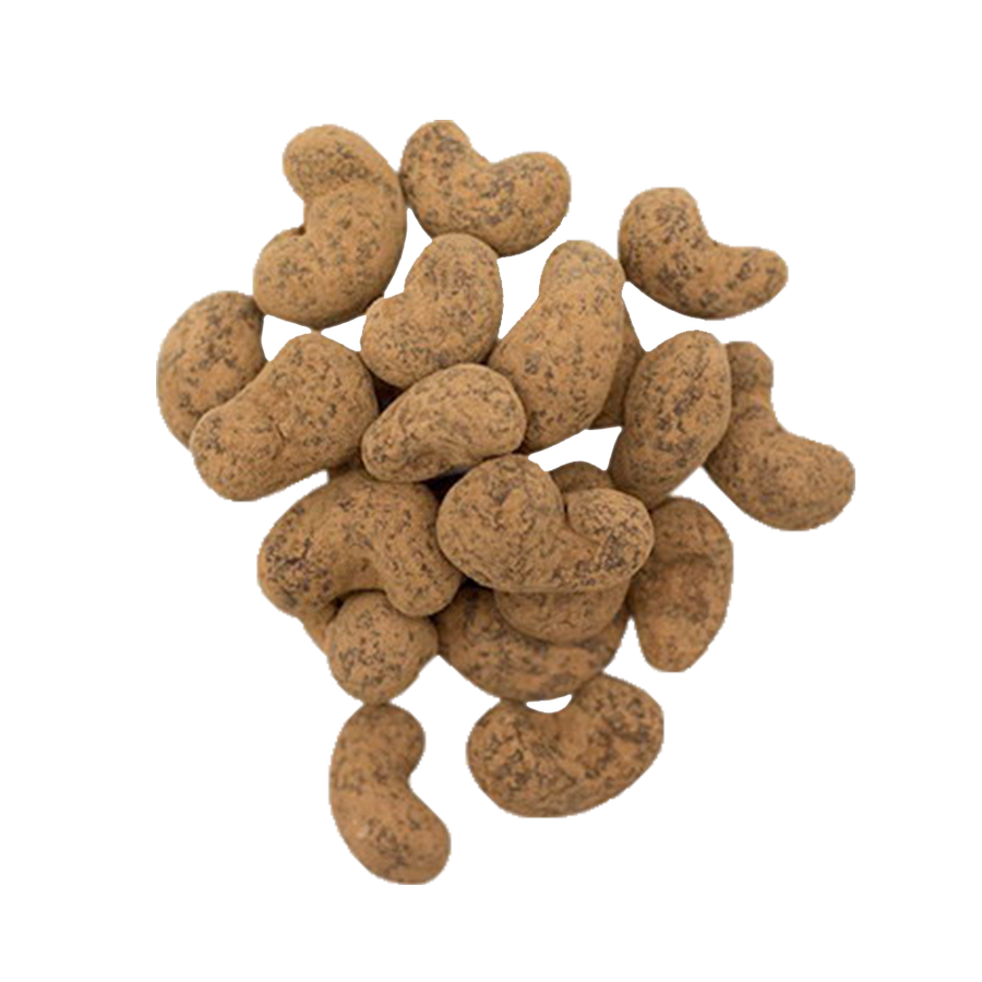 Organic cashews coated in dark raw chocolate and dusted with cacao powder