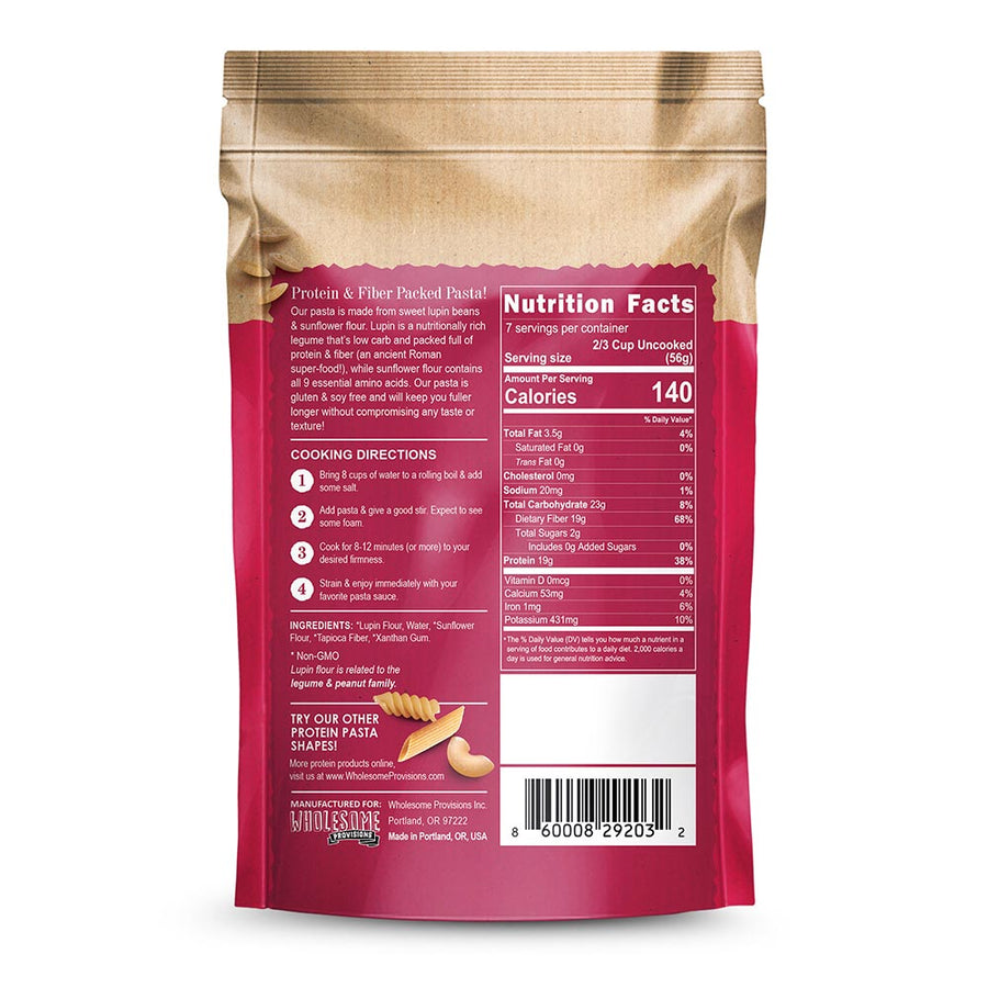 Lupin & Sunflower Protein Orzo Pasta: back of pouch with ingredients and nutrition.