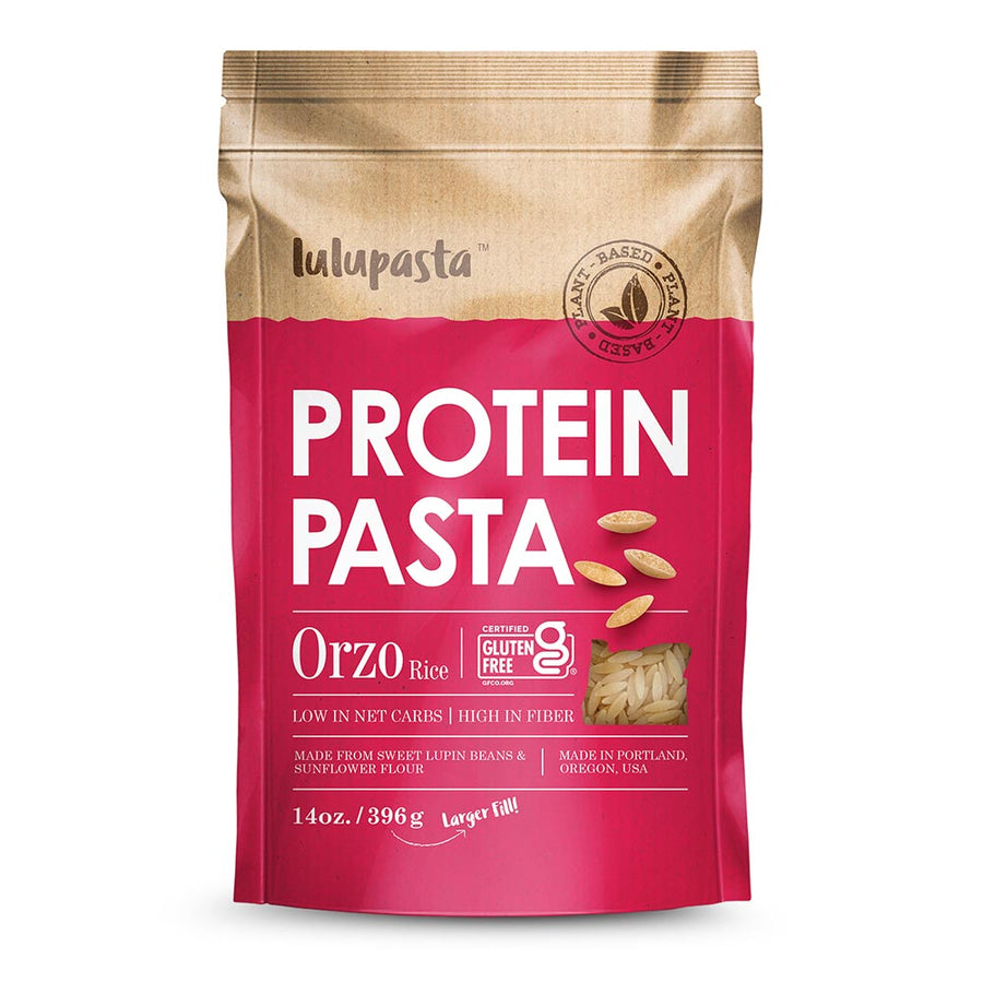 Lupin & Sunflower Protein Orzo Pasta: front of protein orzo pouch.